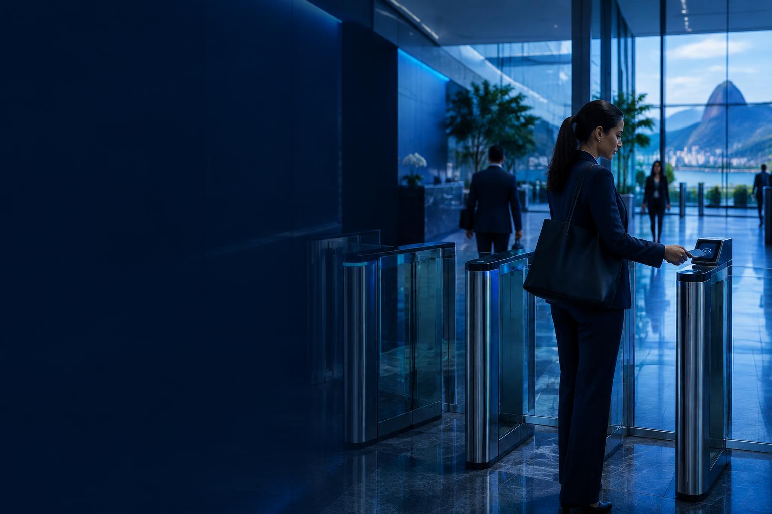Enterprise access control turnstiles in a corporate lobby