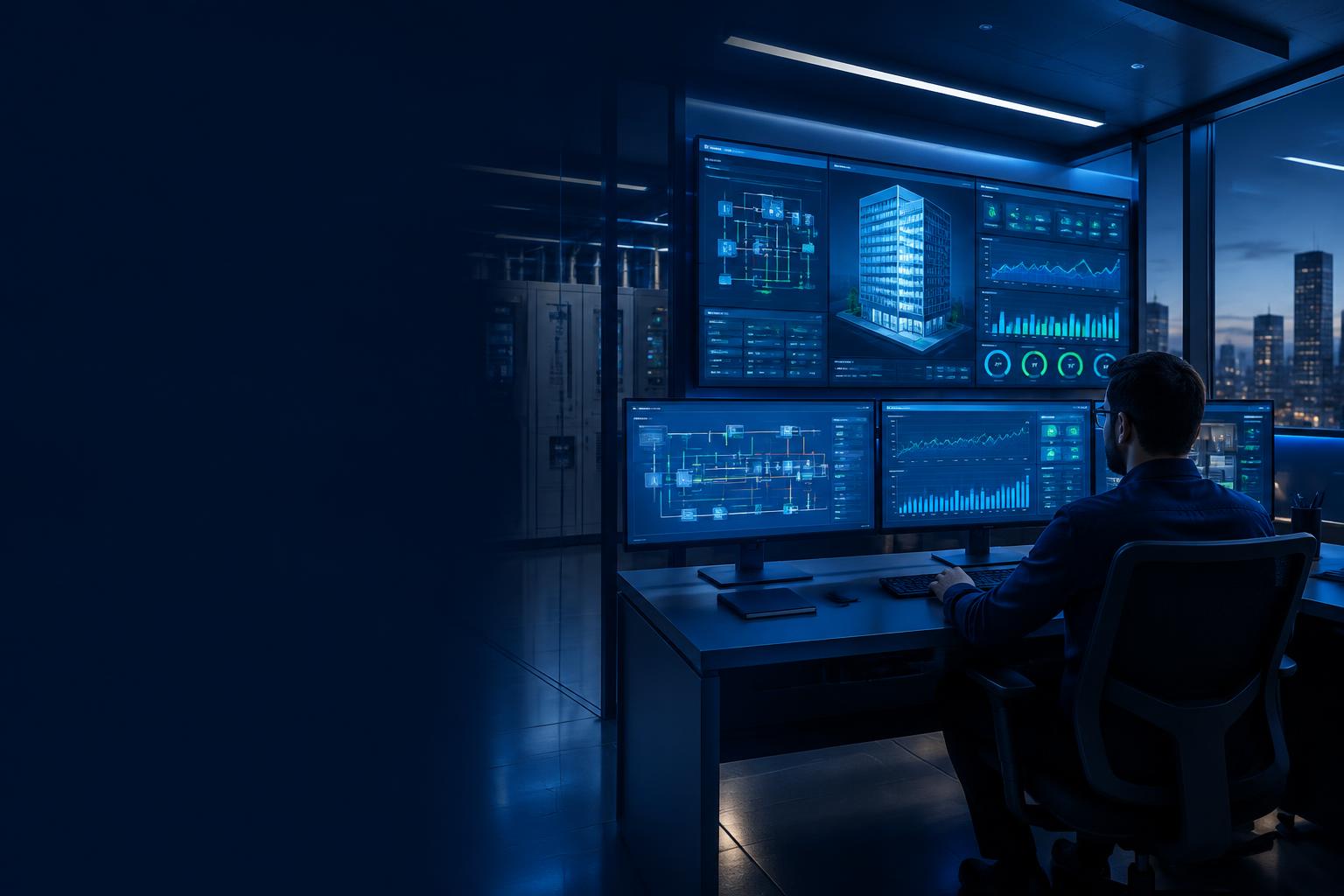 Centro de controle de automação predial com painéis BMS
